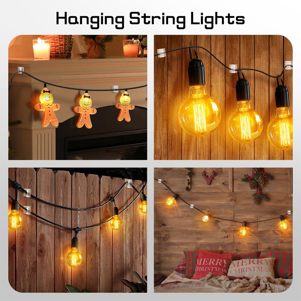 KGROTE 60Pcs Christmas Light Clips, Hooks for Outdoor String Lights Clips, Adhesive Cord Organizer Hooks, Sticky Wire Holder for Hanging Christmas Lights, Wall Cable, Fairy Lights (Clear, Small)