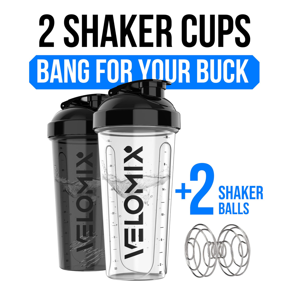 VELOMIX 2 Pack 28oz Protein Shaker Bottle for Protein Mixes, Black/Transpar | 2x Wire Whisk, Leak Proof Shaker Cups for Protein Shakes, Stackable, Dishwasher safe, BPA free, Pre Workout and Fitness ready