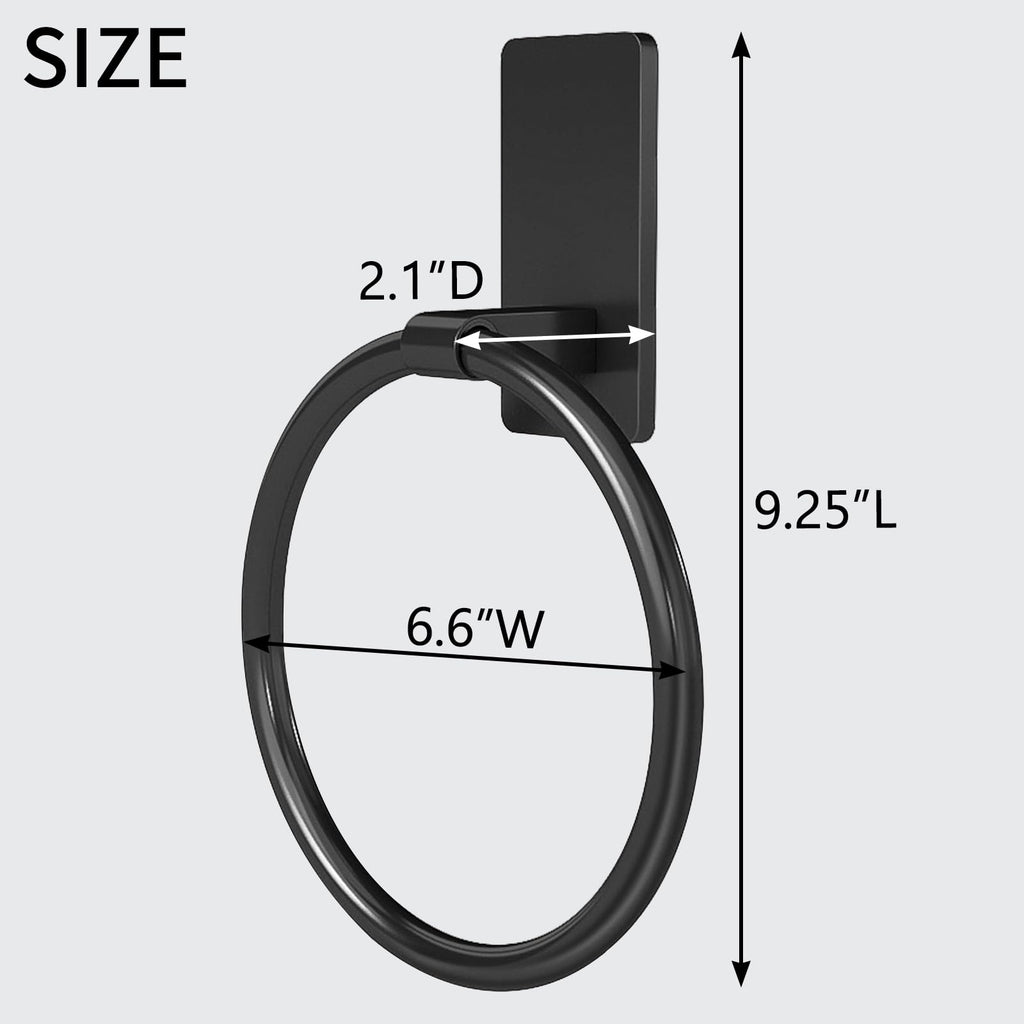 STWWO Hand Towel Holder for Bathroom, Adhesive Round Towel Ring, Black | for Bath RV Kitchen, Self Adhesive No Drill Hole, Easy to Install