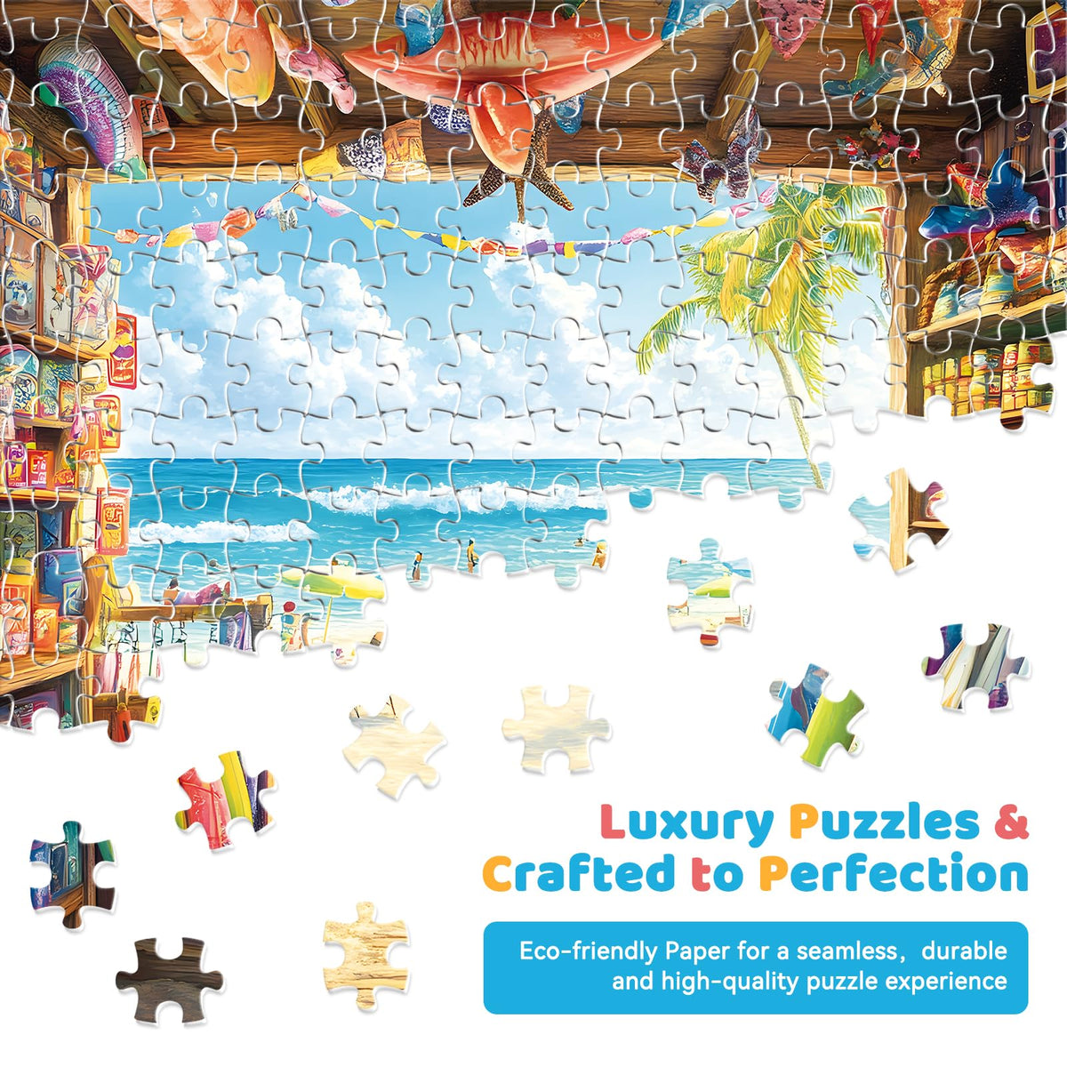 300 Piece Jigsaw Puzzle for Adults & Kids, Seaside Surf Shop, 20.5x15 in | Colorful surf shop filled with surfboards, beach gear and a sunny ocean view